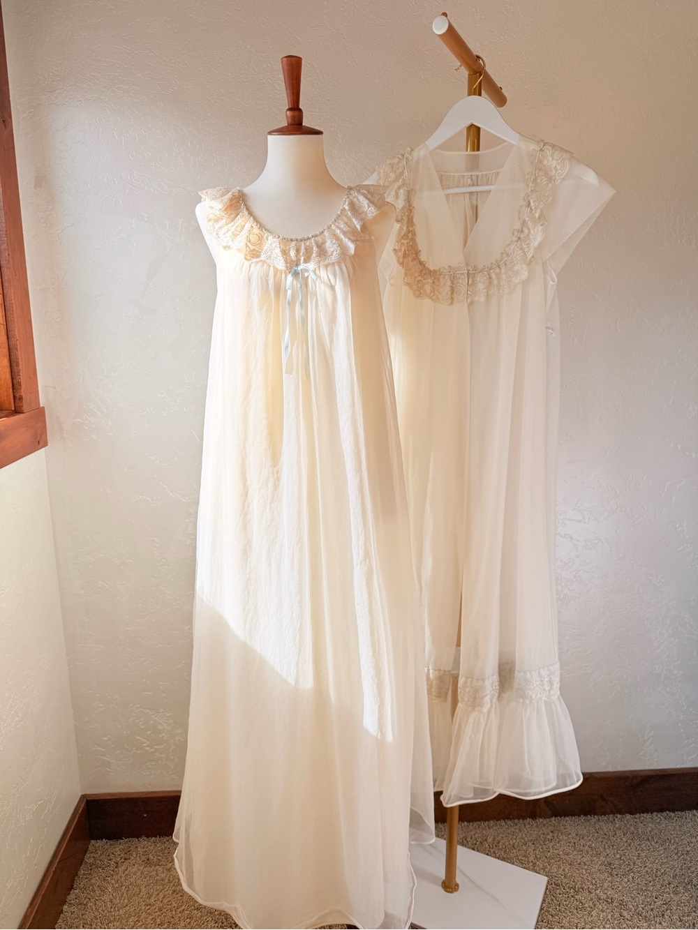 Vintage Shadowline Peignoir Set | Sheer Ivory Nightgown & Robe Lace Romantic